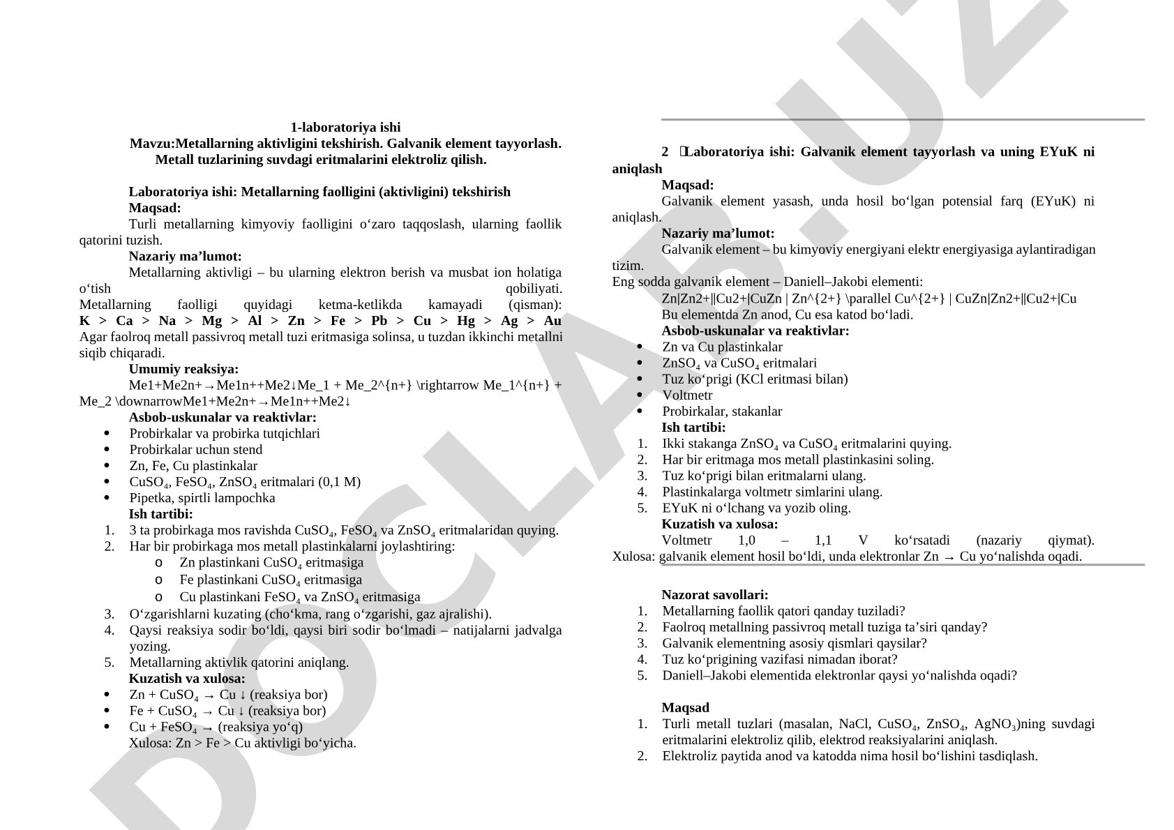 Metallarning aktivligini tekshirish. Galvanik element tayyorlash. Metall tuzlarining suvdagi eritmalarini elektroliz qilish