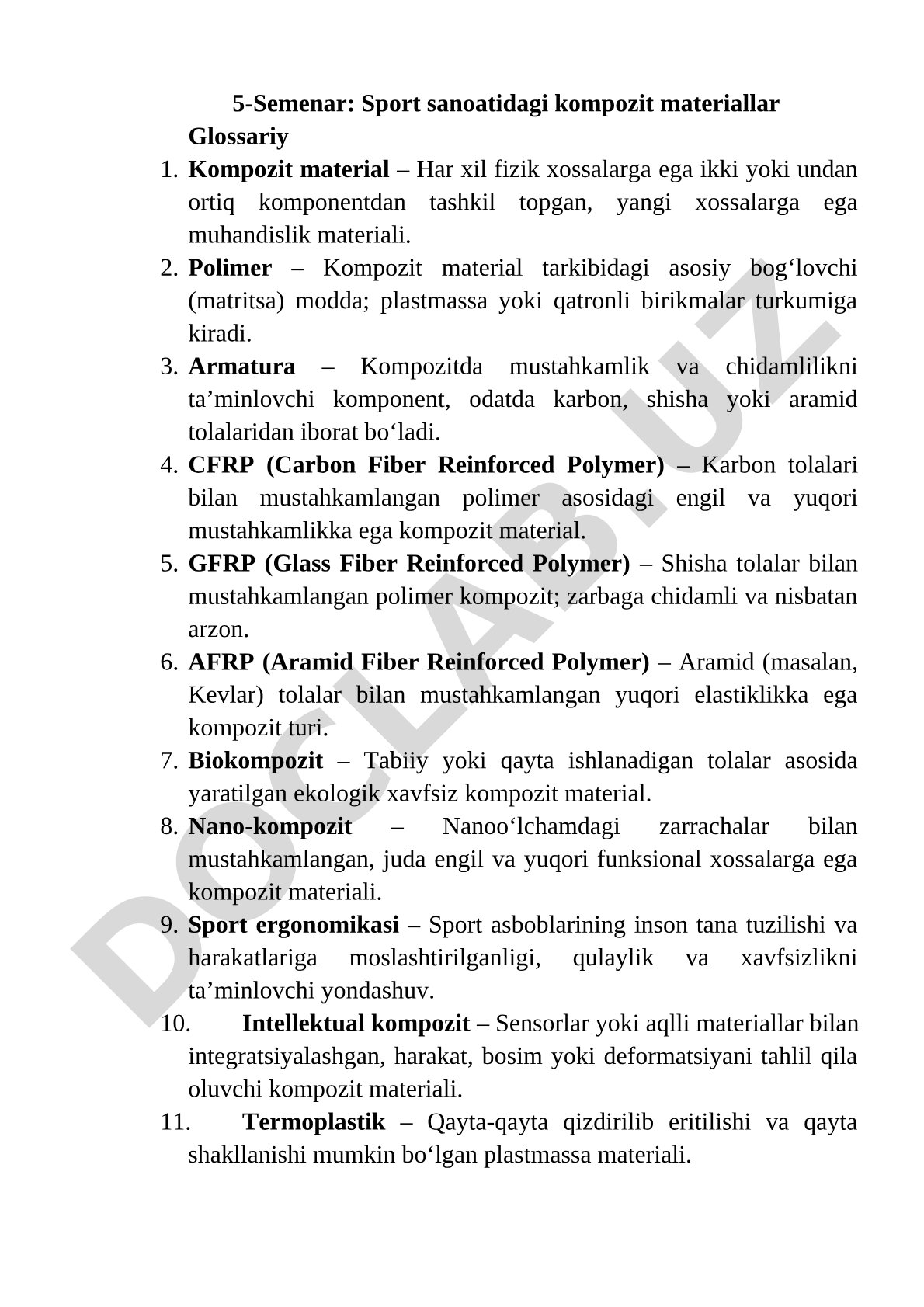 Sport sanoatidagi kompozit materiallar glossariy