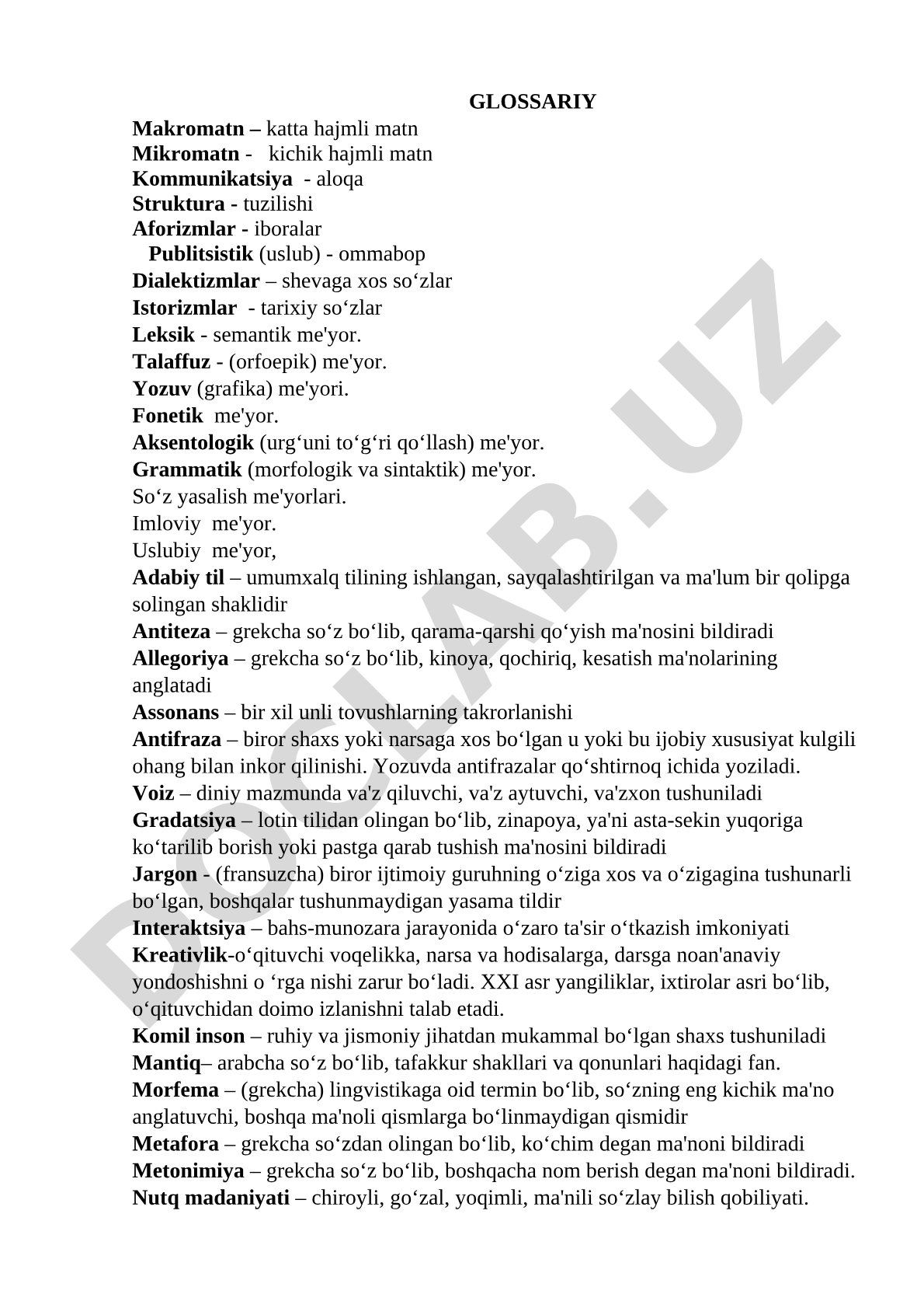 Glossariy: Makromatn, mikromatn va adabiy til me'yorlari