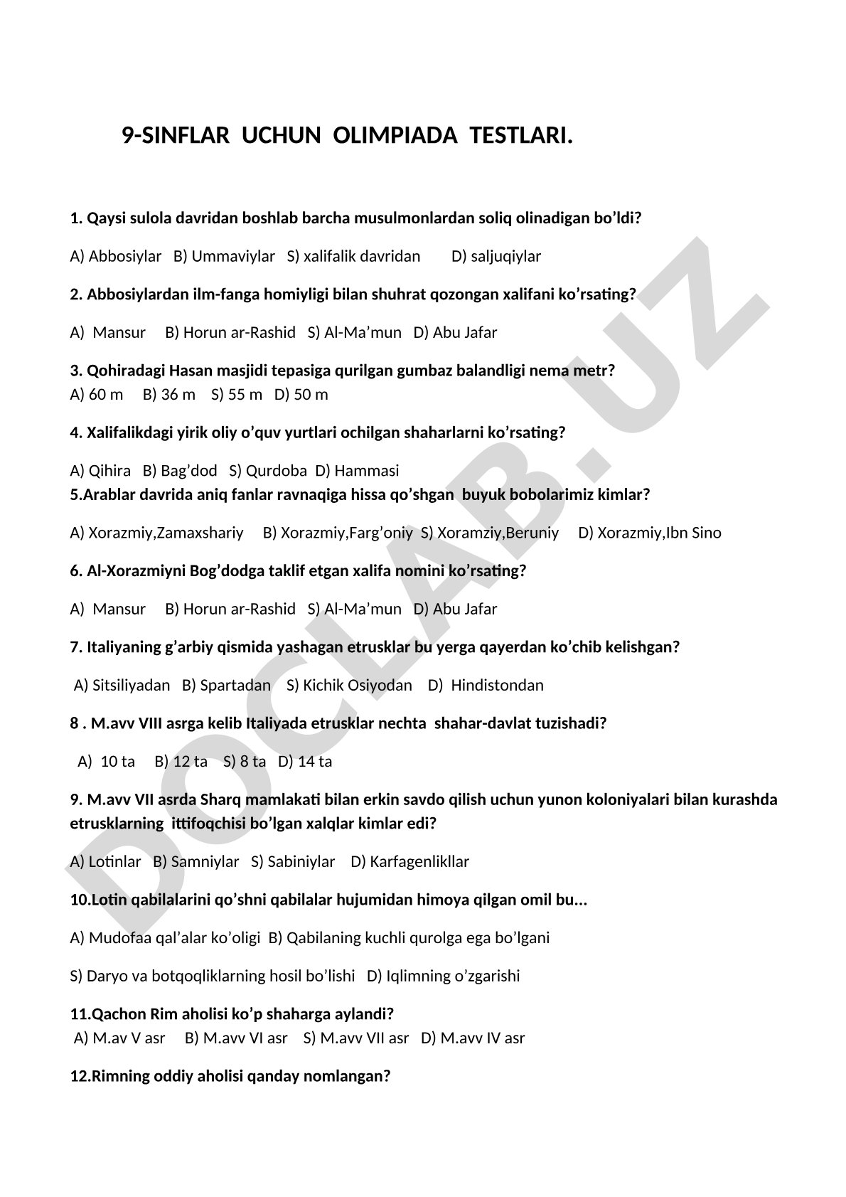9-sinflar uchun olimpiada testlari
