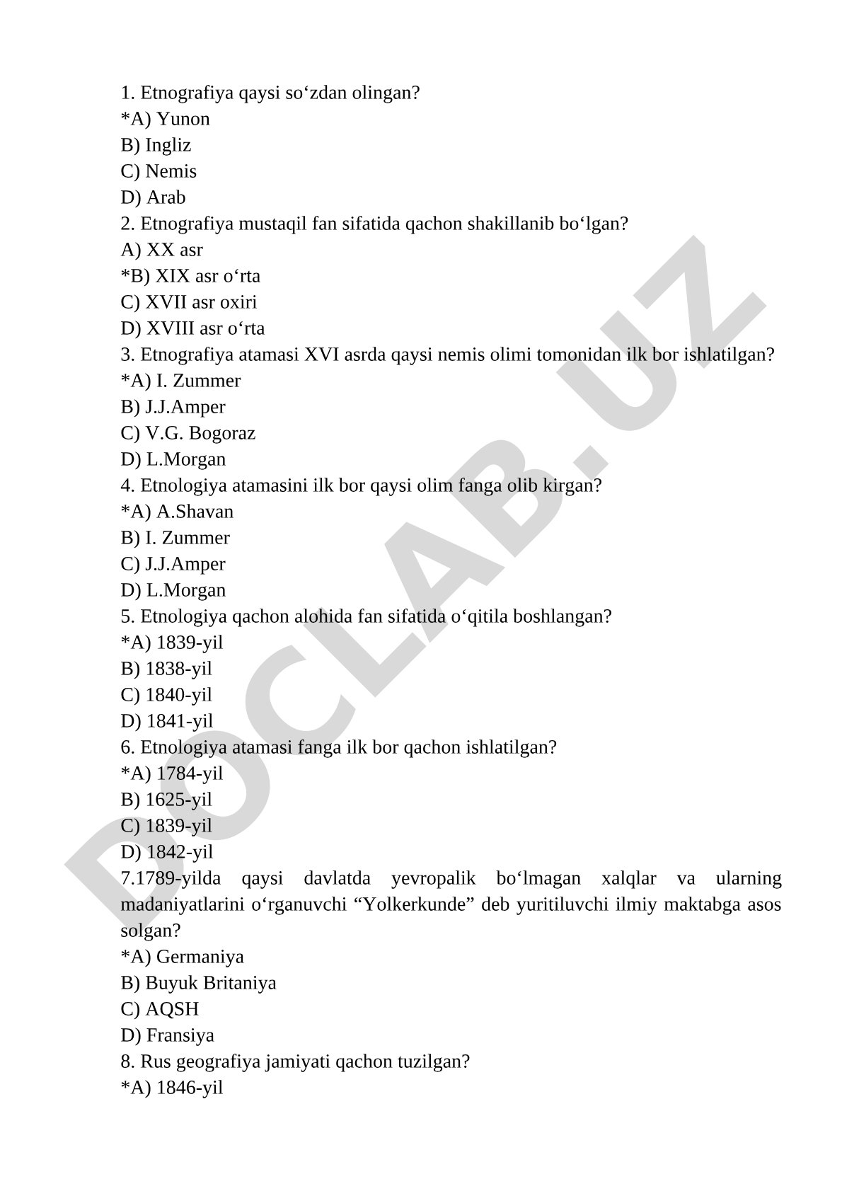 Etnografiya faniga oid test savollari