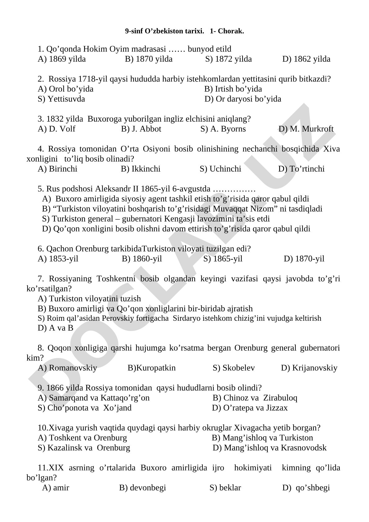 9-sinf O'zbekiston tarixi 1-chorak test savollari