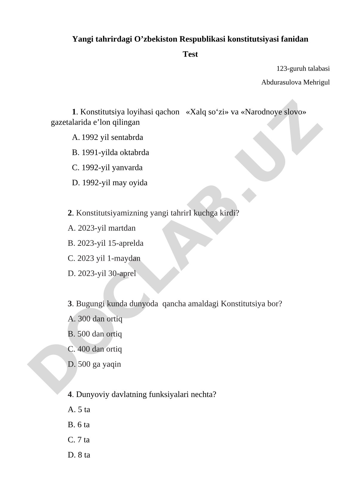 Yangi tahrirdagi O'zbekiston Respublikasi konstitutsiyasi fanidan test