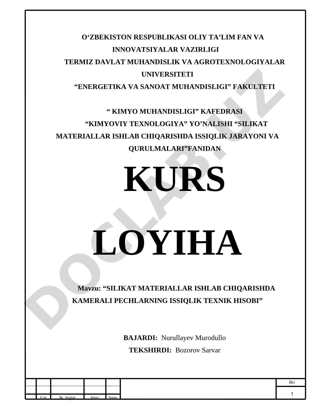 Silikat materiallar ishlab chiqarishda kamerali pechlarning issiqlik texnik hisobi
