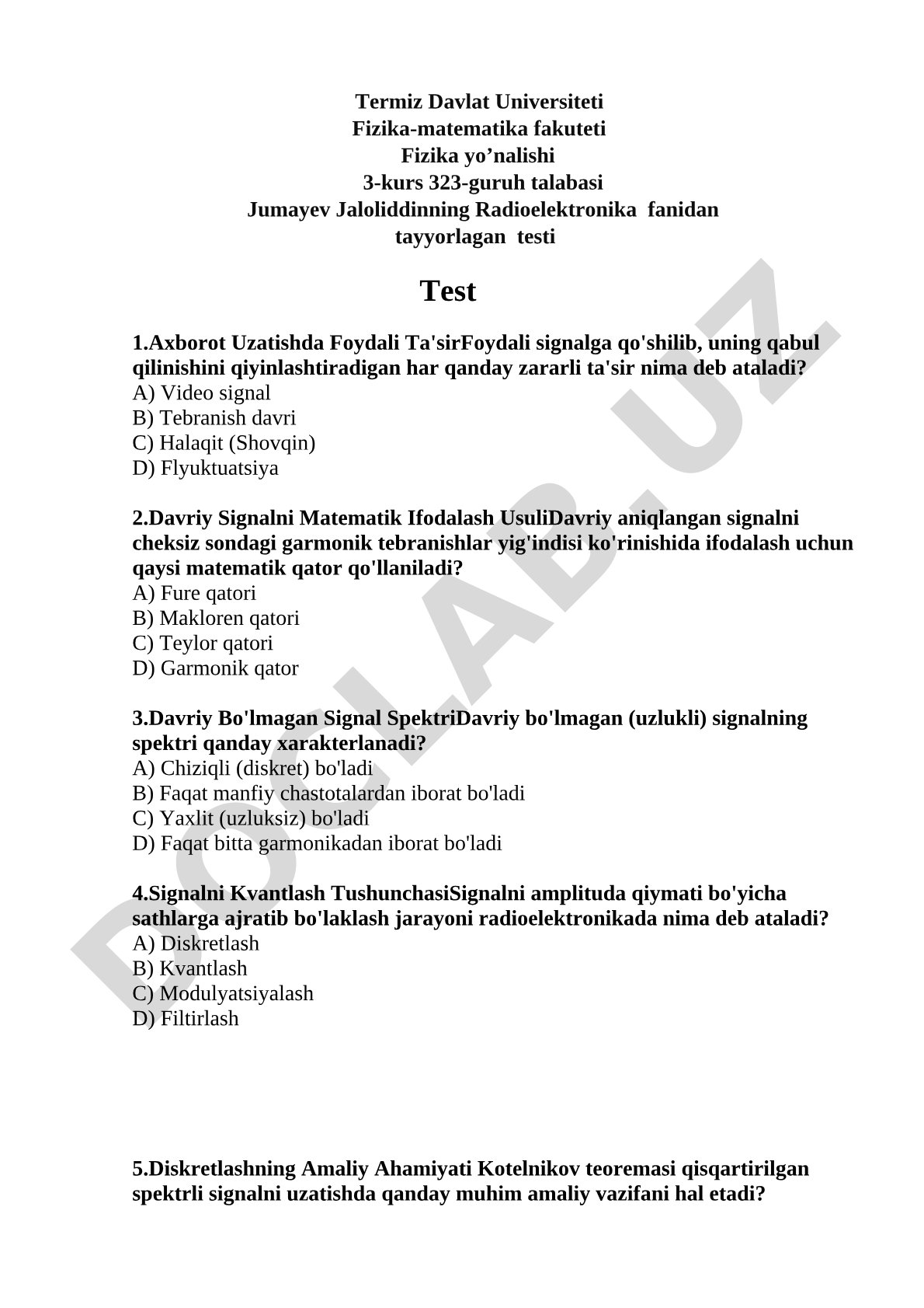 Radioelektronika fanidan test savollari