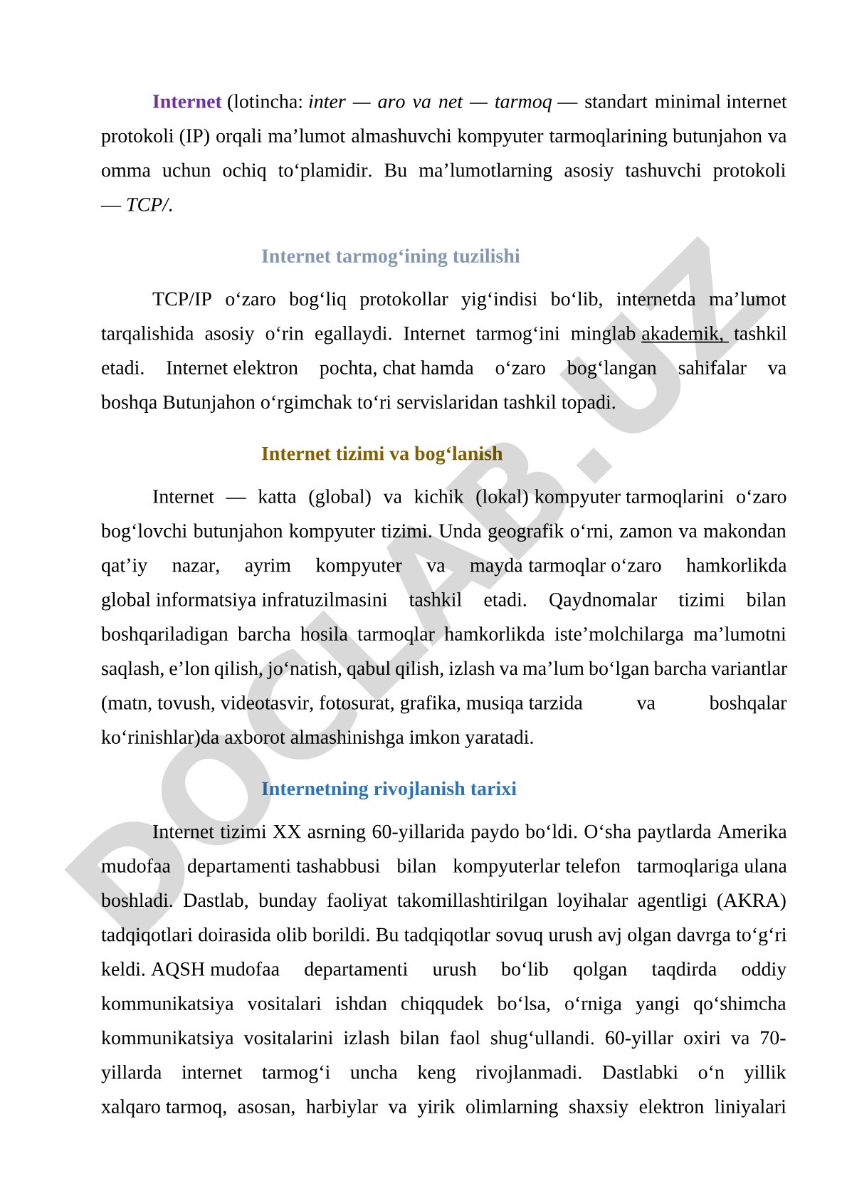 Internet tarmog'ining tuzilishi va imkoniyatlari