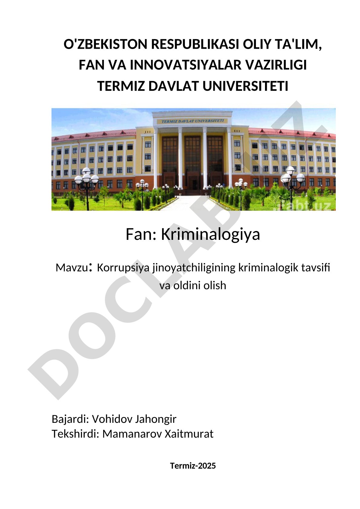 Korrupsiya jinoyatchiligining kriminalogik tavsifi va oldini olish