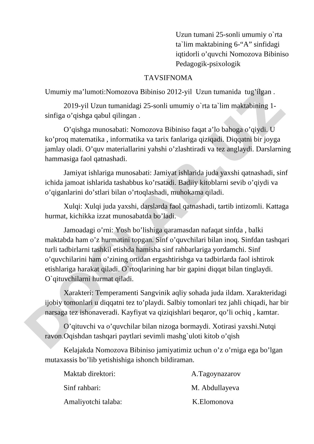 Nomozova Bibiniso pedagogik-psixologik tavsifnomasi