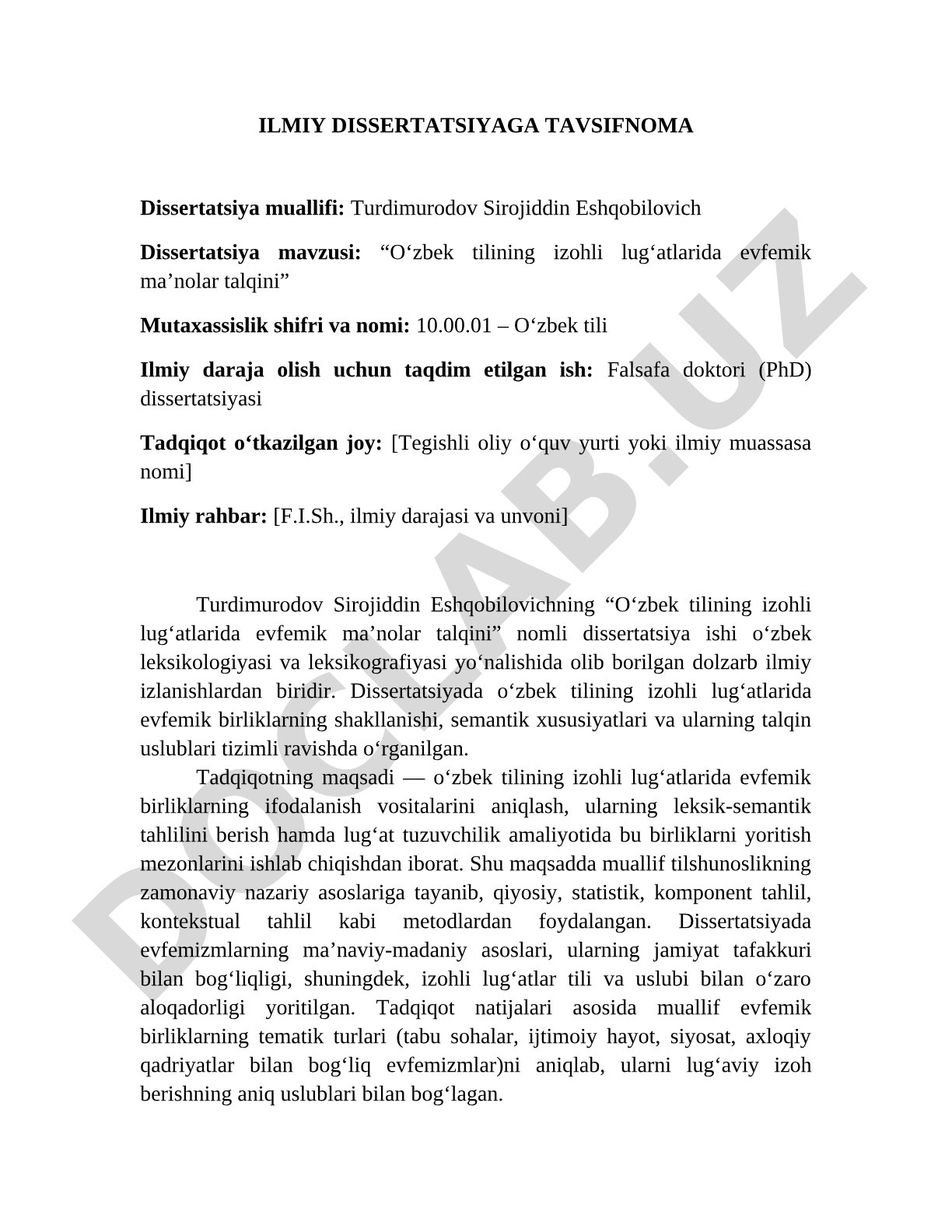 O‘zbek tilining izohli lug‘atlarida evfemik ma’nolar talqini