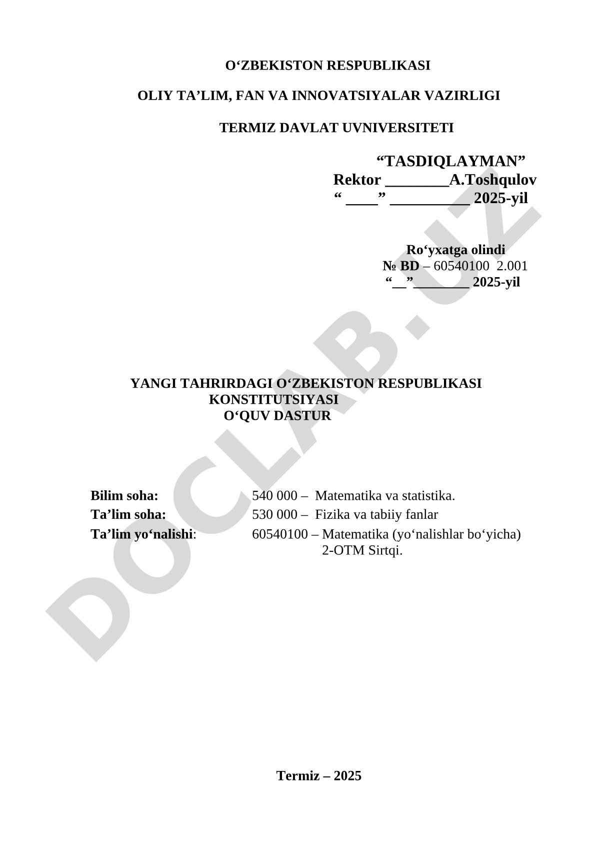 Yangi tahrirdagi Oʻzbekiston Respublikasi konstitutsiyasi oʻquv dasturi