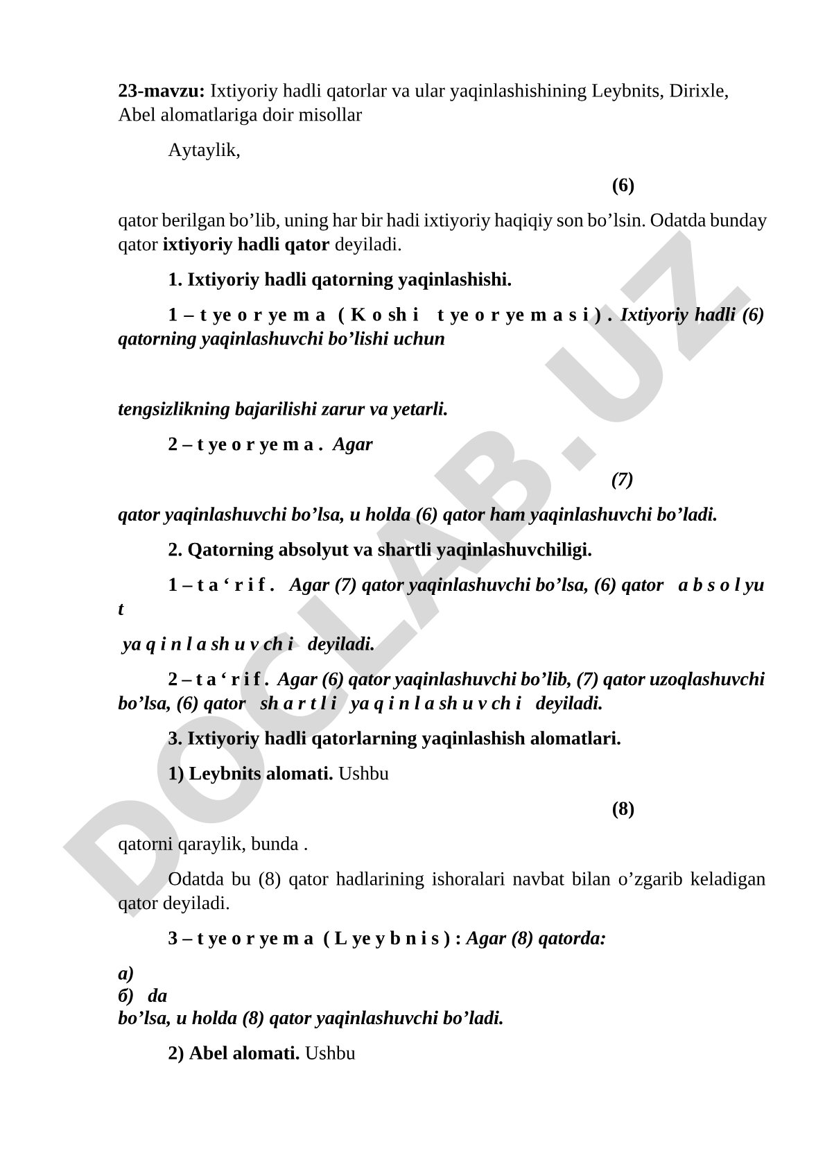 Ixtiyoriy hadli qatorlar va ular yaqinlashishining Leybnits, Dirixle, Abel alomatlariga doir misollar