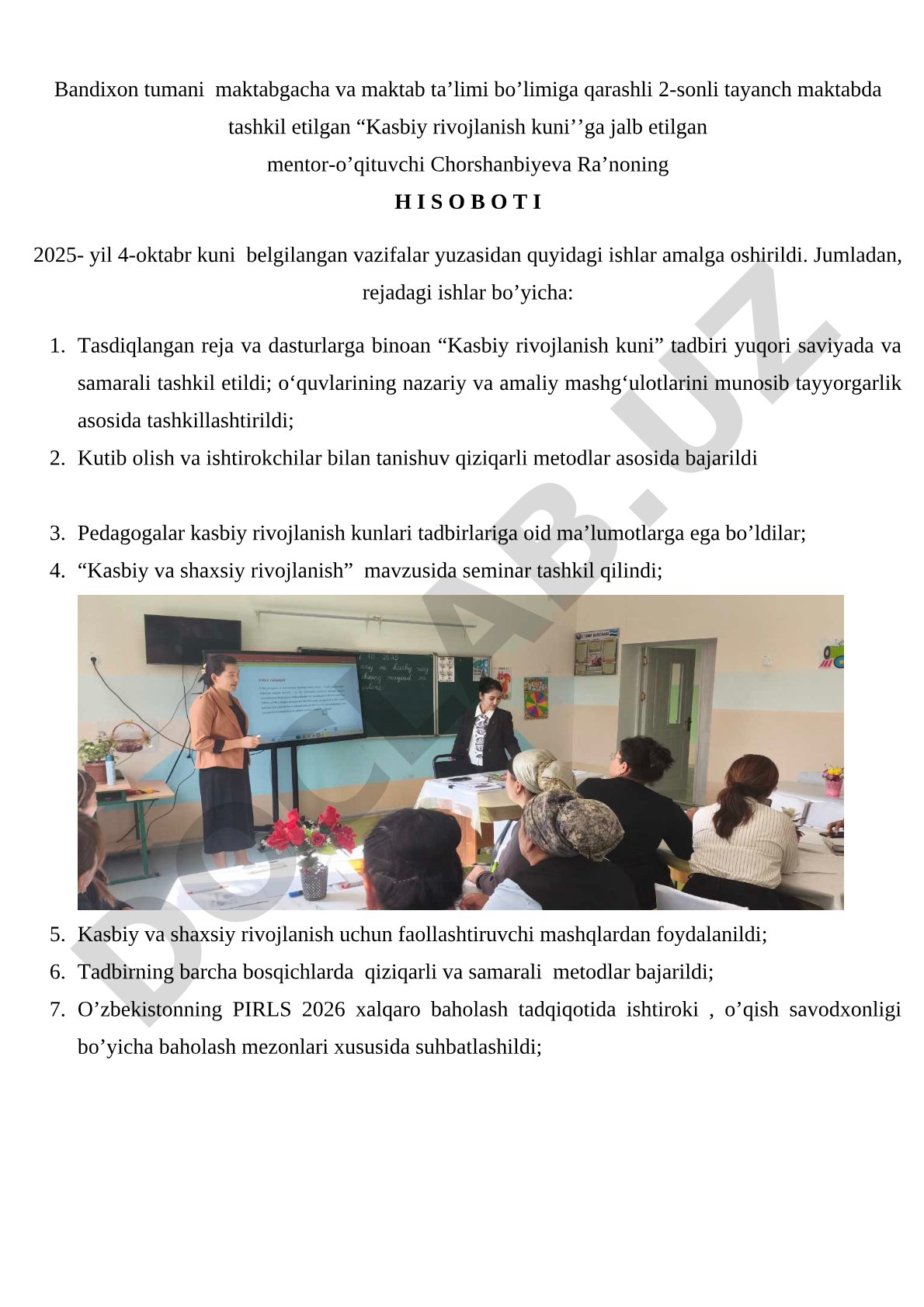 Bandixon tumani 2-sonli tayanch maktabda kasbiy rivojlanish kuni hisoboti