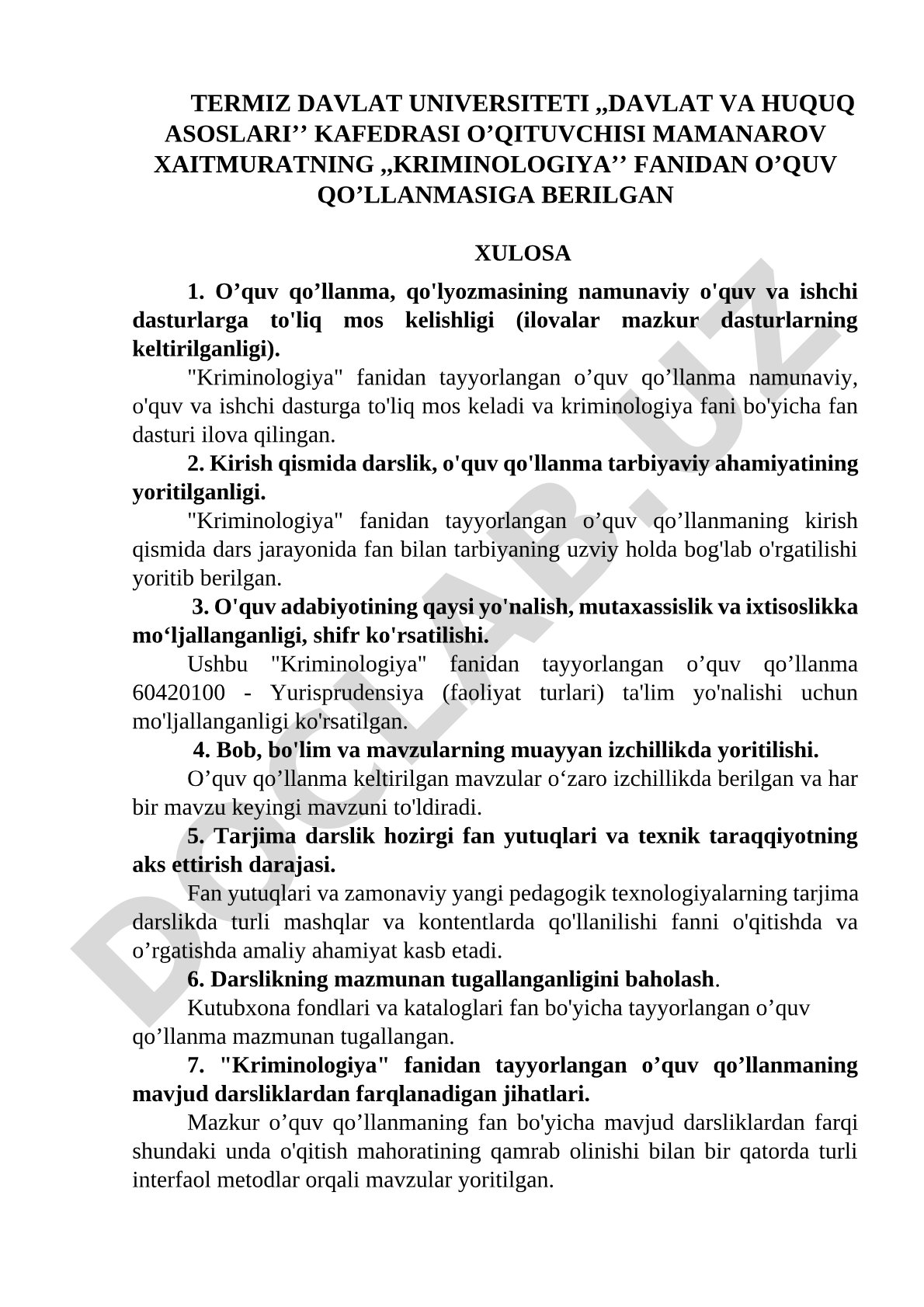 Kriminologiya fanidan o'quv qo'llanmasiga berilgan xulosa