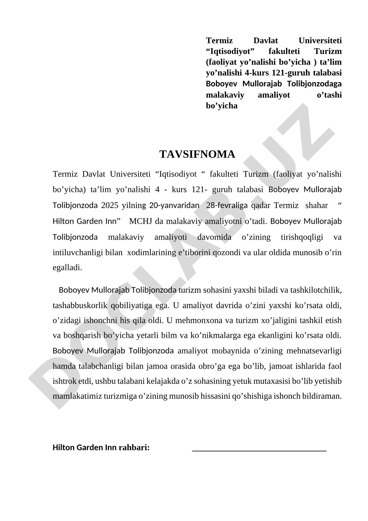 Boboyev Mullorajab Tolibjonzodaga malakaviy amaliyot o'tashi bo'yicha tavsifnoma