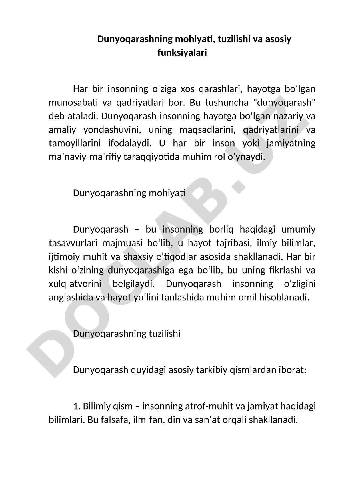 Dunyoqarashning mohiyati, tuzilishi va asosiy funksiyalari