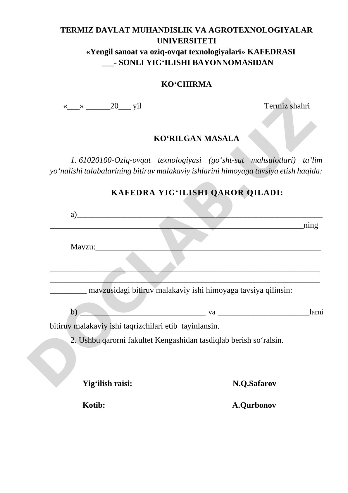 Bitiruv malakaviy ishlarini himoyaga tavsiya etish haqida
