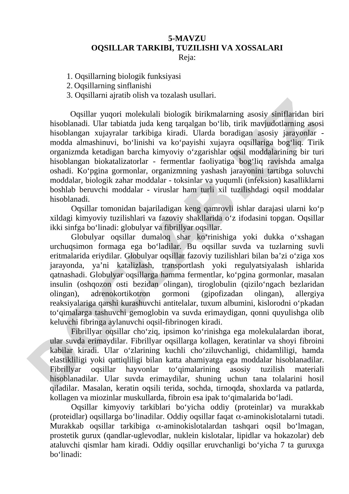 Oqsillar tarkibi, tuzilishi va xossalari