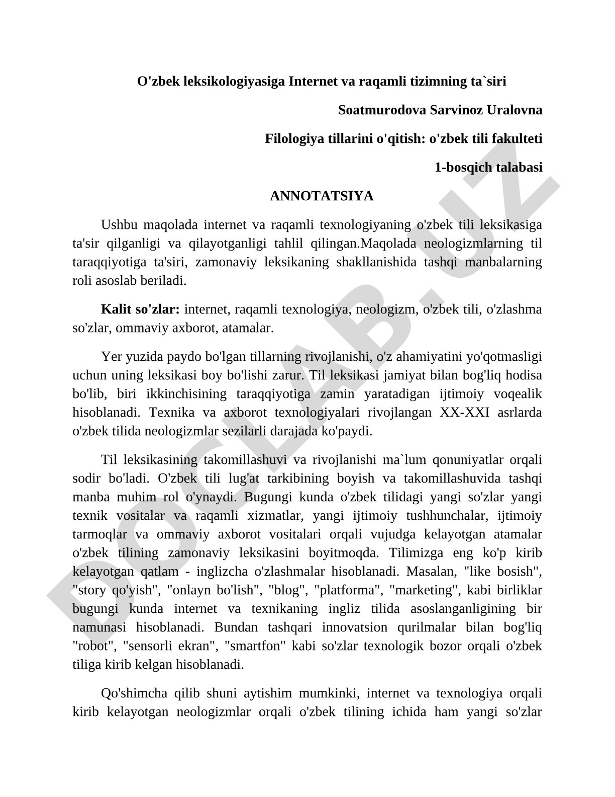 O'zbek leksikologiyasiga Internet va raqamli tizimning ta'siri