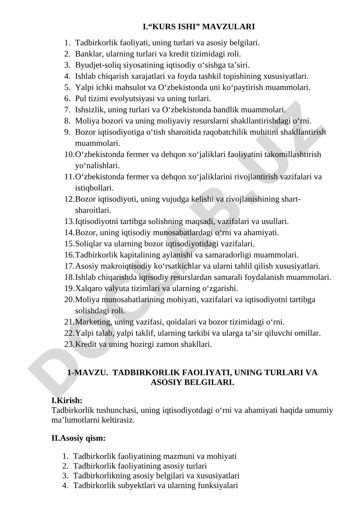 Tadbirkorlik faoliyati, uning turlari va asosiy belgilari