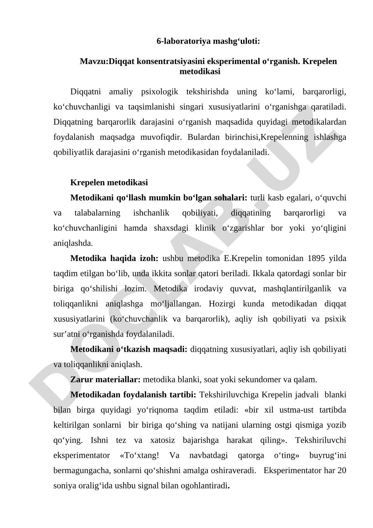 Diqqat konsentratsiyasini eksperimental o‘rganish. Krepelen metodikasi