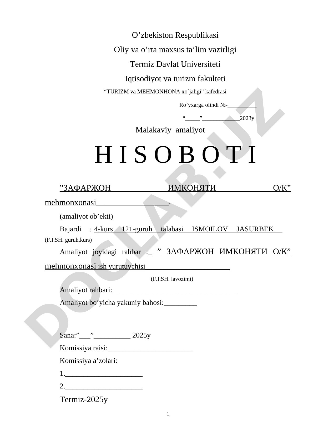 Zafarjon Imkoniyati O/K mehmonxonasida malakaviy amaliyot hisoboti