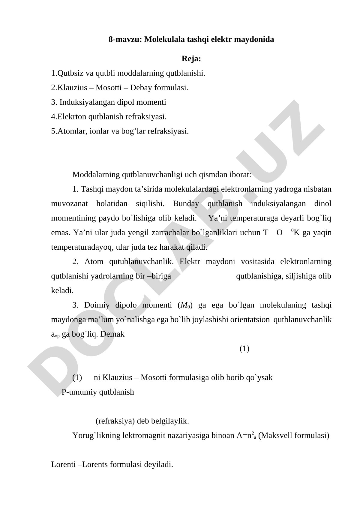 Molekulalarning tashqi elektr maydonida qutblanishi