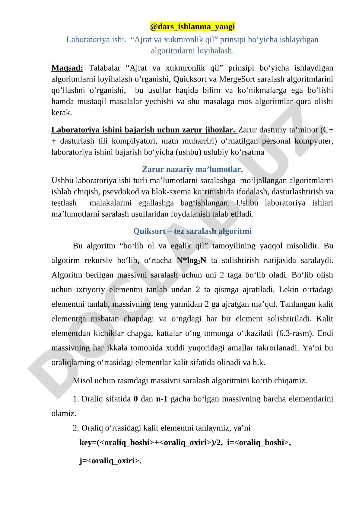 Ajrat va xukmronlik qil prinsipi bo'yicha ishlaydigan algoritmlarni loyihalash