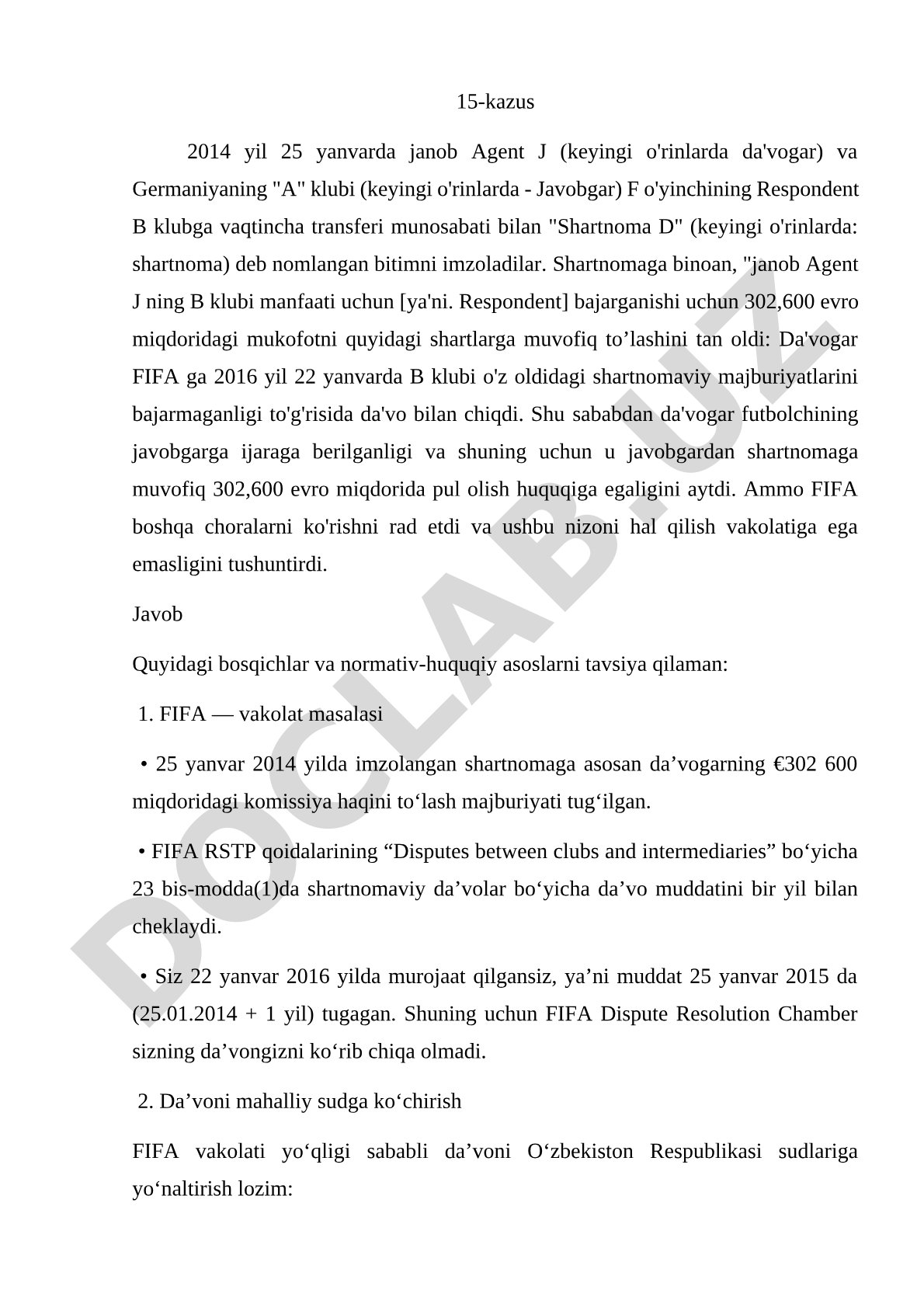 FIFA vakolati va agentlik shartnomasi bo'yicha nizo