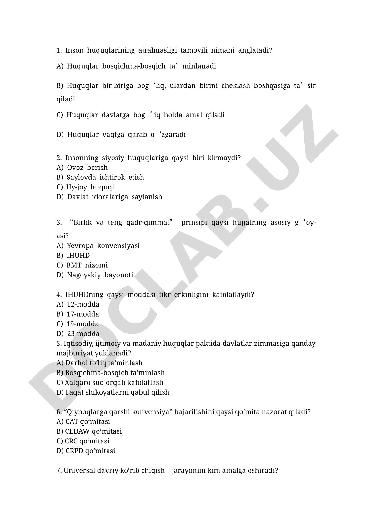 Inson huquqlari bo'yicha test savollari
