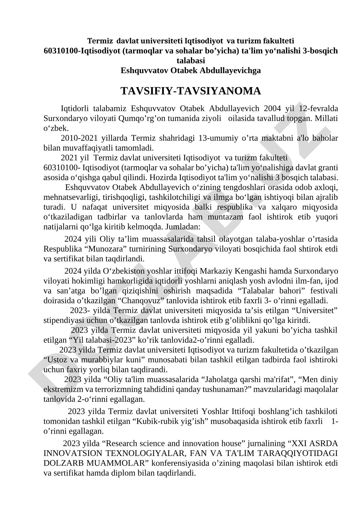 Eshquvvatov Otabek Abdullayevichga tavsifiy-tavsiyanoma