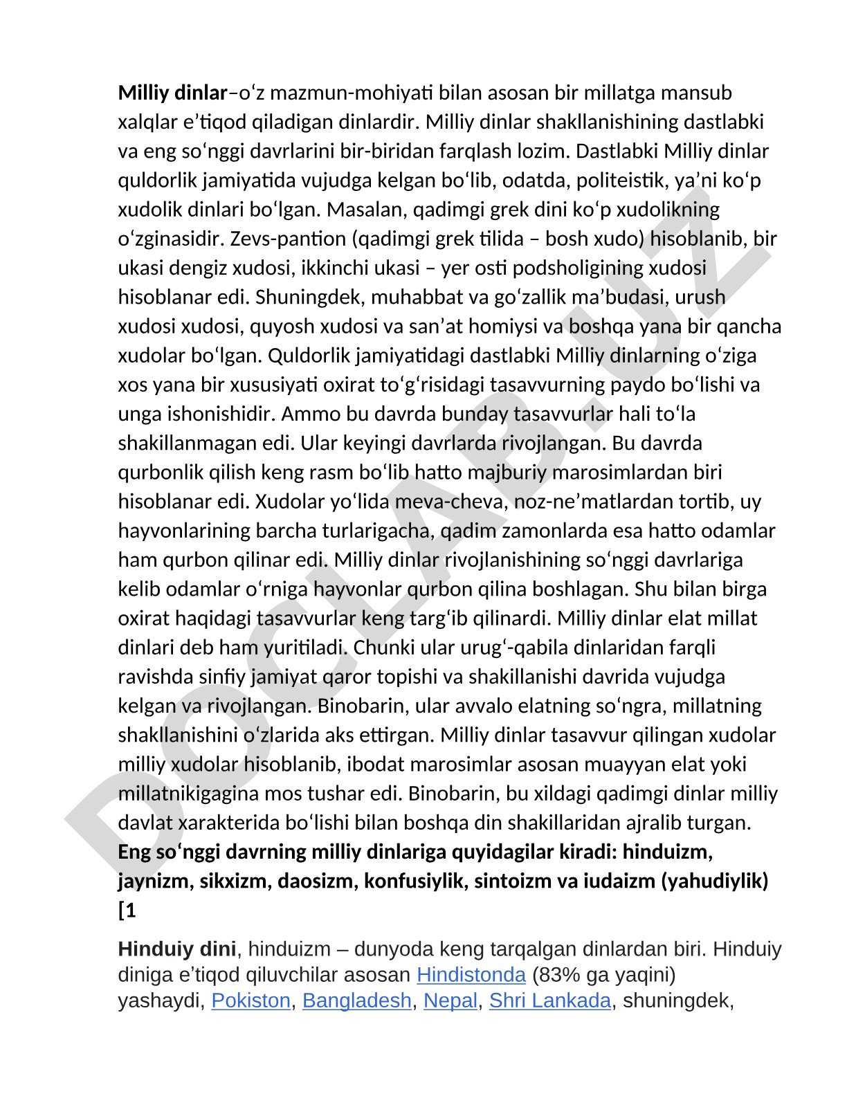 Milliy dinlar va ularning shakllanish xususiyatlari