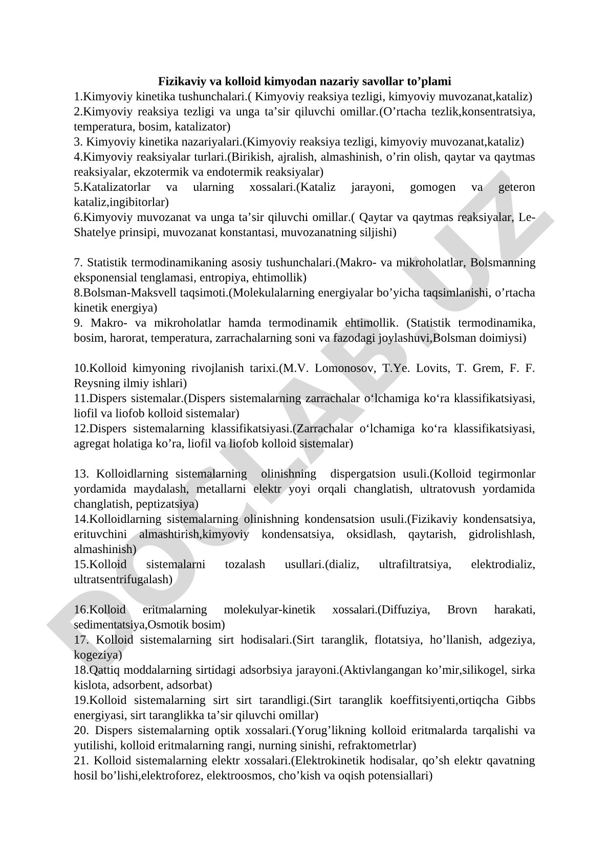 Fizikaviy va kolloid kimyodan nazariy savollar to'plami