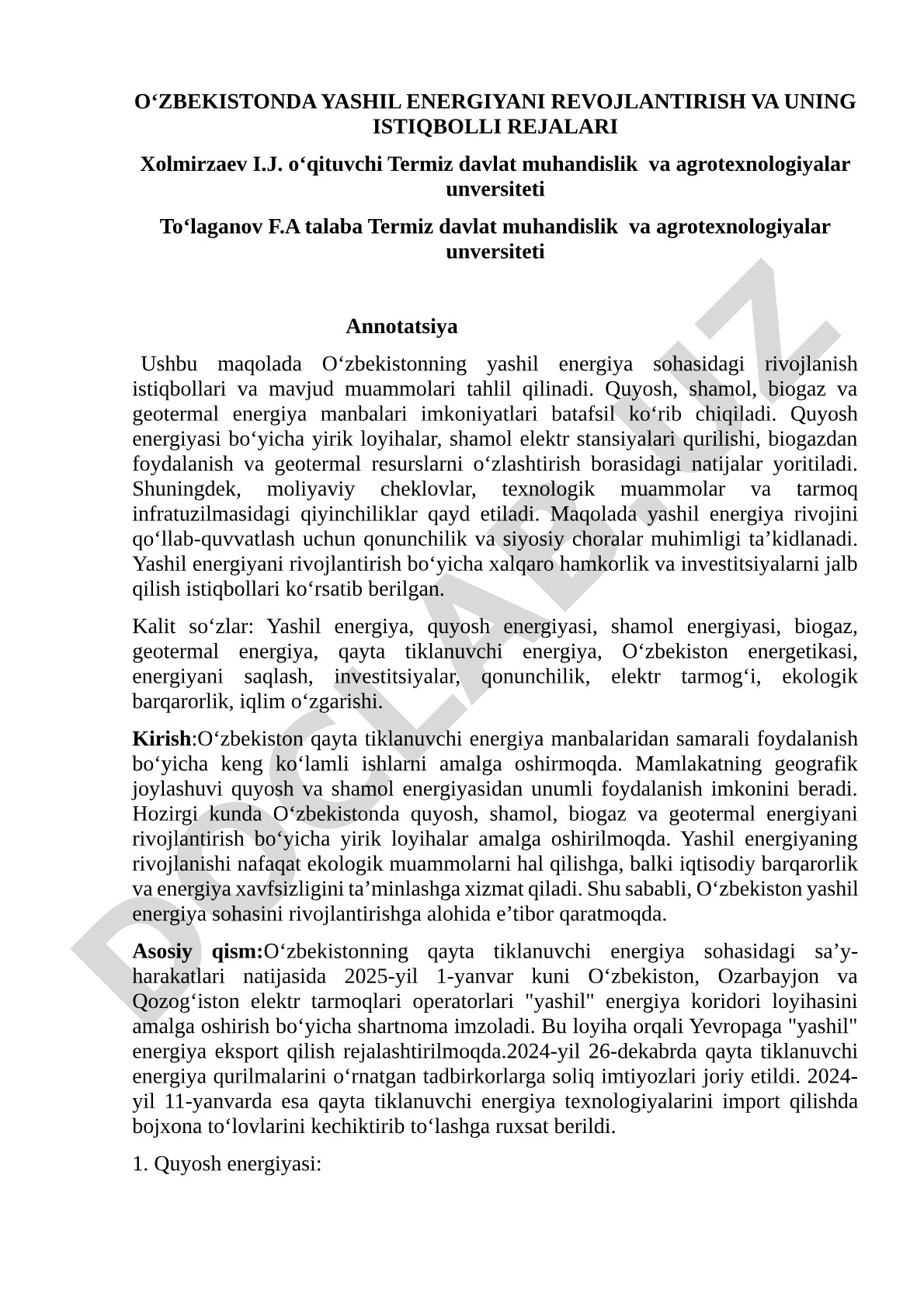 O‘zbekistonda yashil energiyani rivojlantirish va uning istiqbolli rejalari
