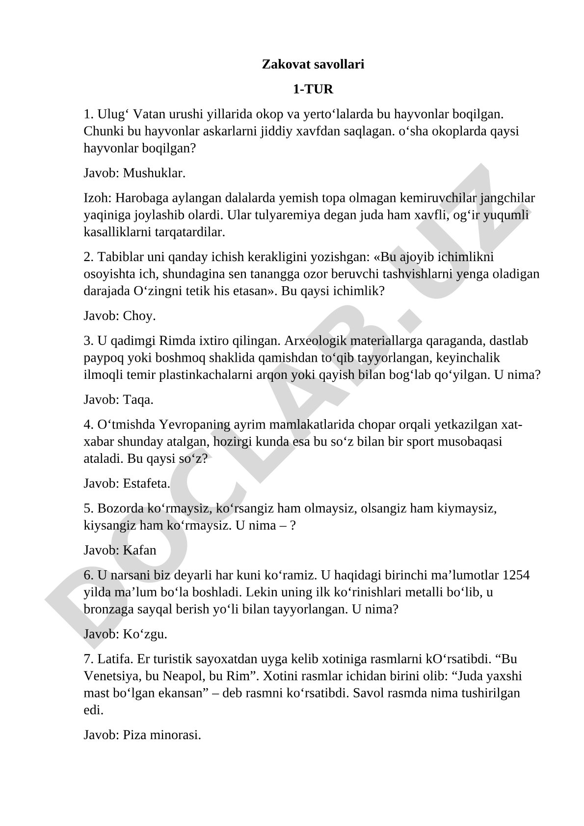 Zakovat savollari 1-TUR