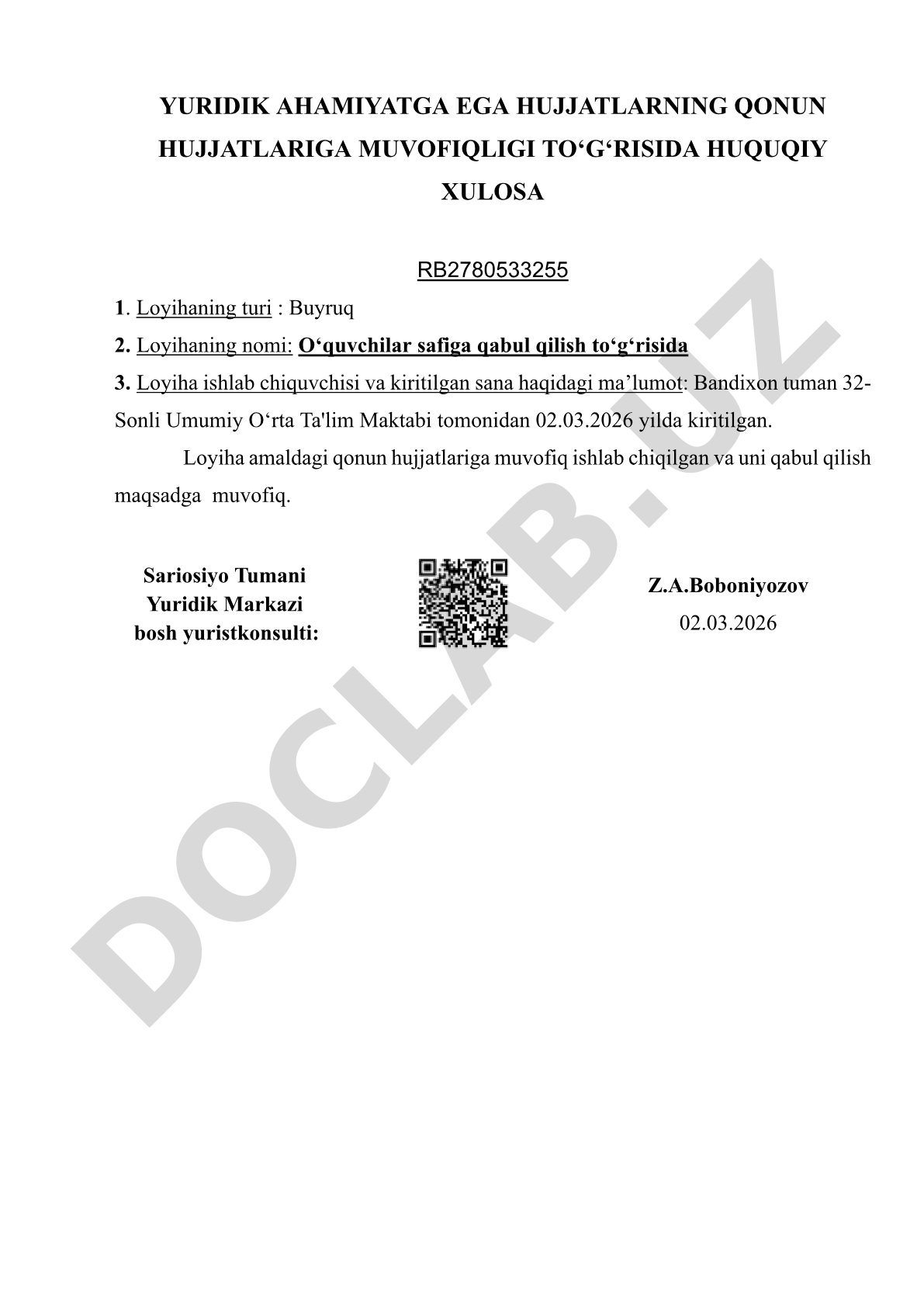 O‘quvchilar safiga qabul qilish to‘g‘risida buyruq loyihasining huquqiy xulosasi