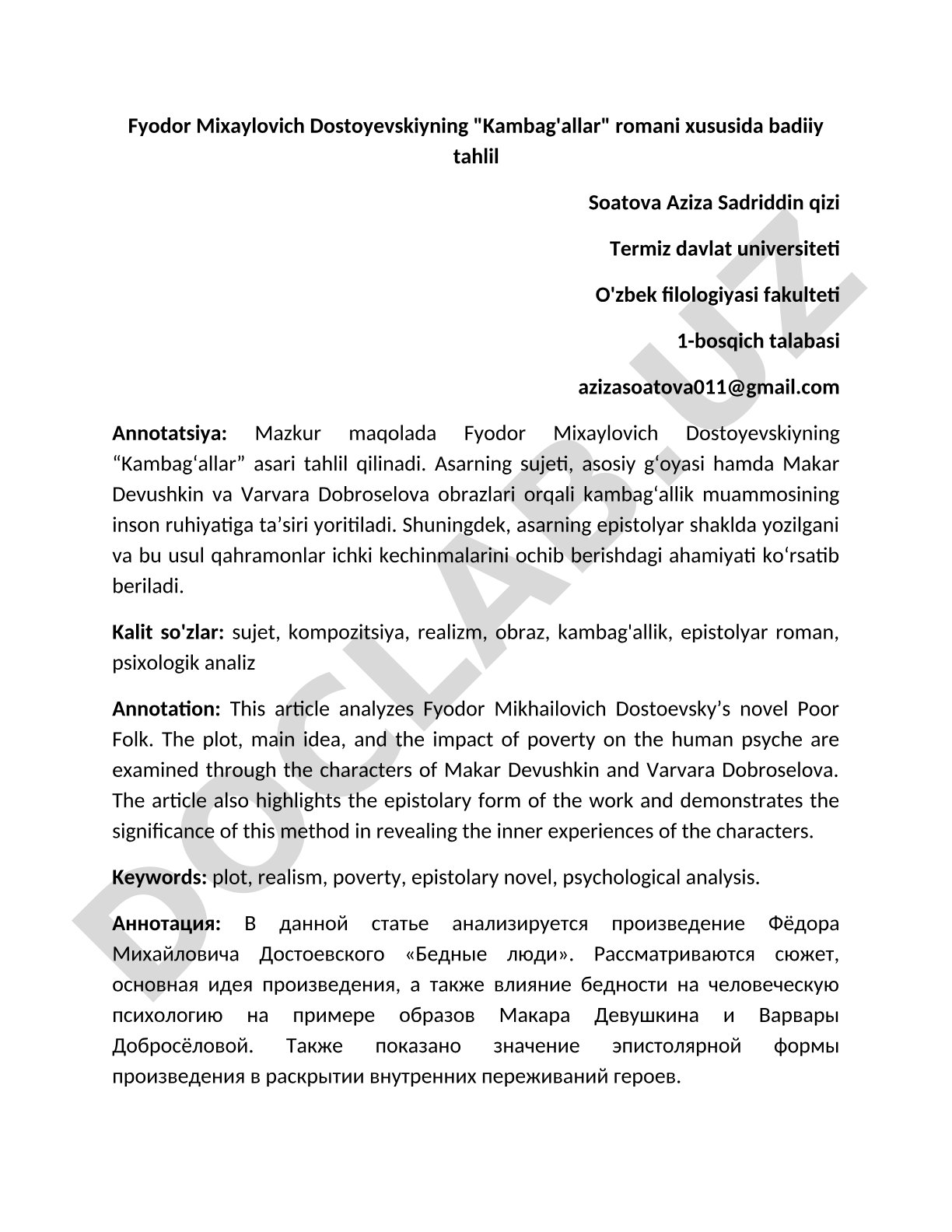 Fyodor Dostoyevskiyning 'Kambag'allar' romani badiiy tahlili