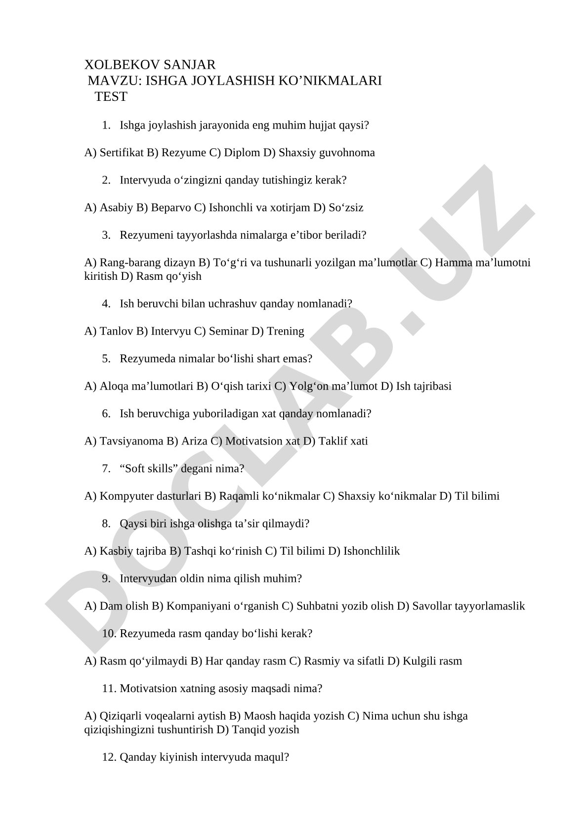 Ishga joylashish ko'nikmalari test