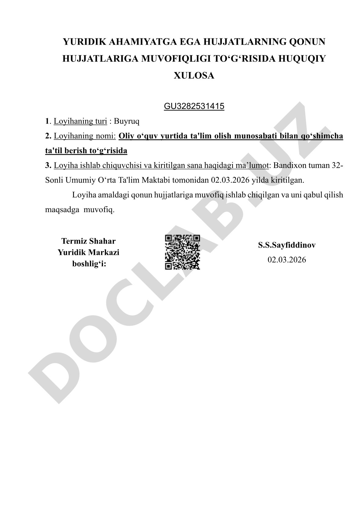 Oliy o‘quv yurtida ta'lim olish munosabati bilan qo‘shimcha ta'til berish to‘g‘risida