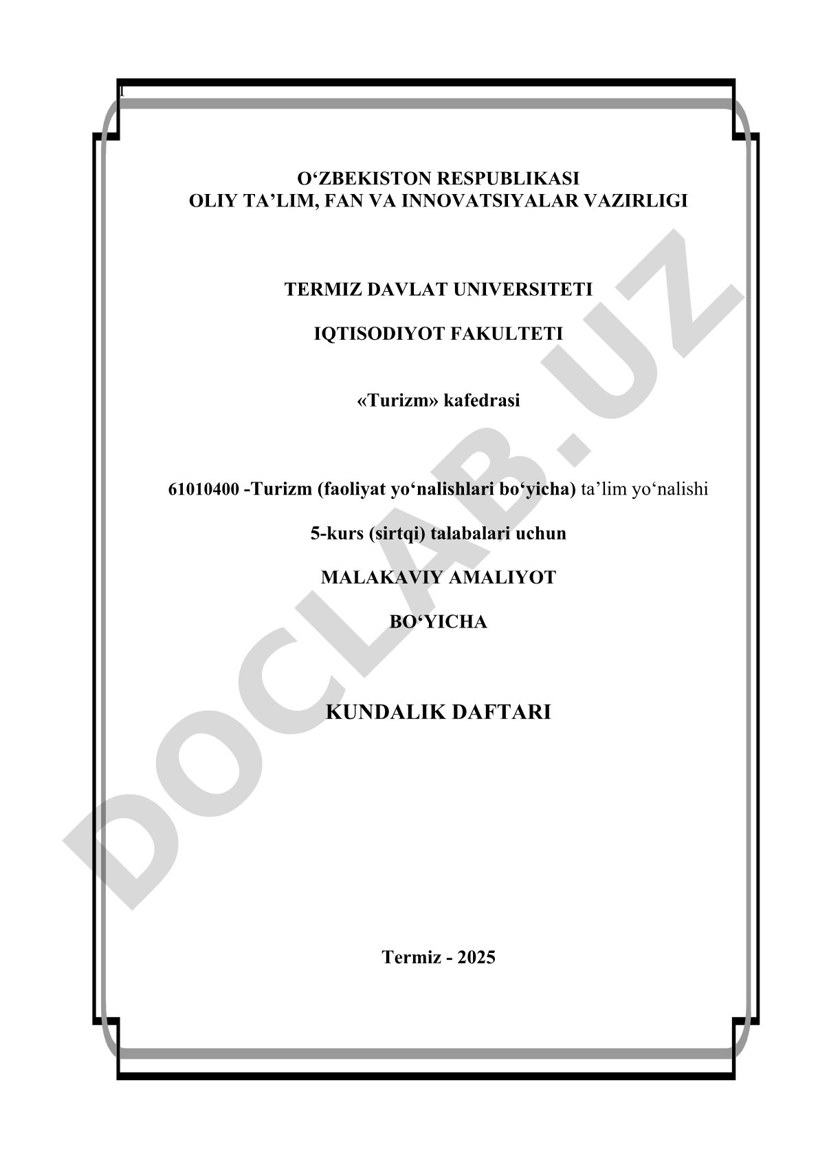 Malakaviy amaliyot bo'yicha kundalik daftari