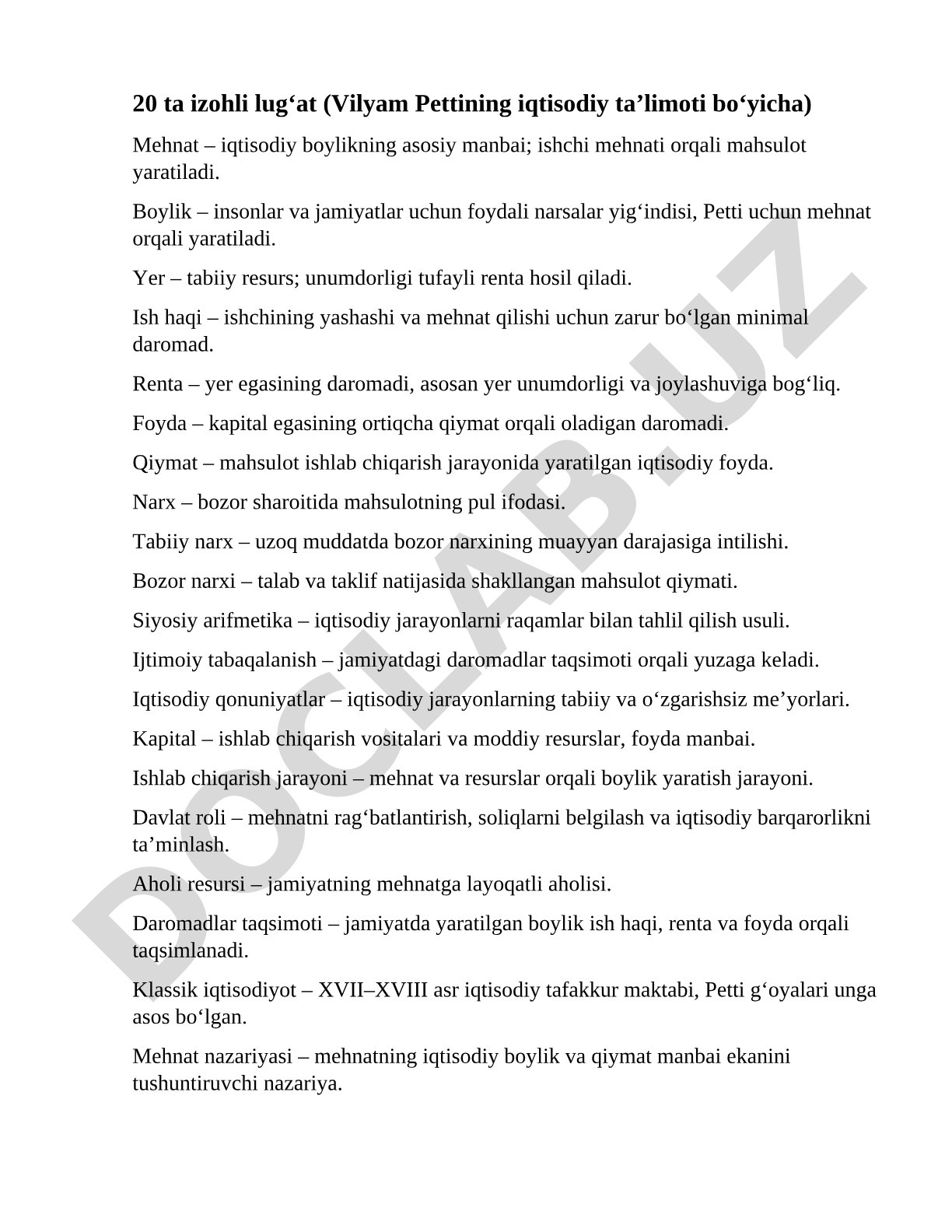 Vilyam Pettining iqtisodiy ta'limoti bo'yicha 20 ta izohli lug'at