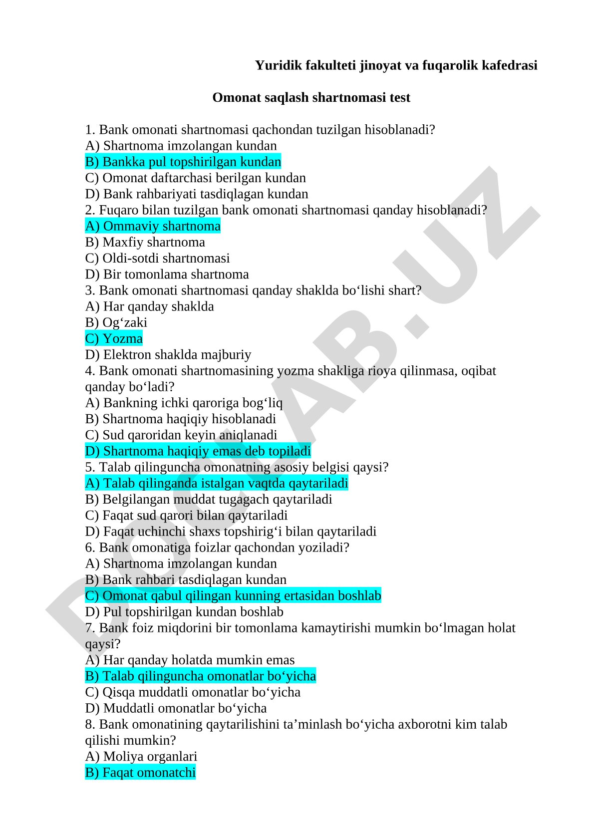Bank omonati shartnomasi test savollari