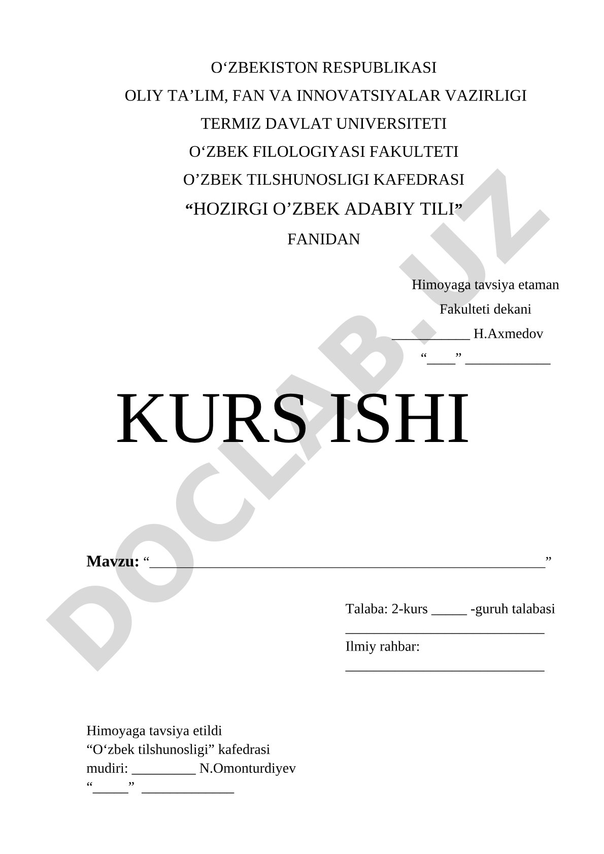 Hozirgi o'zbek adabiy tili fanidan kurs ishi