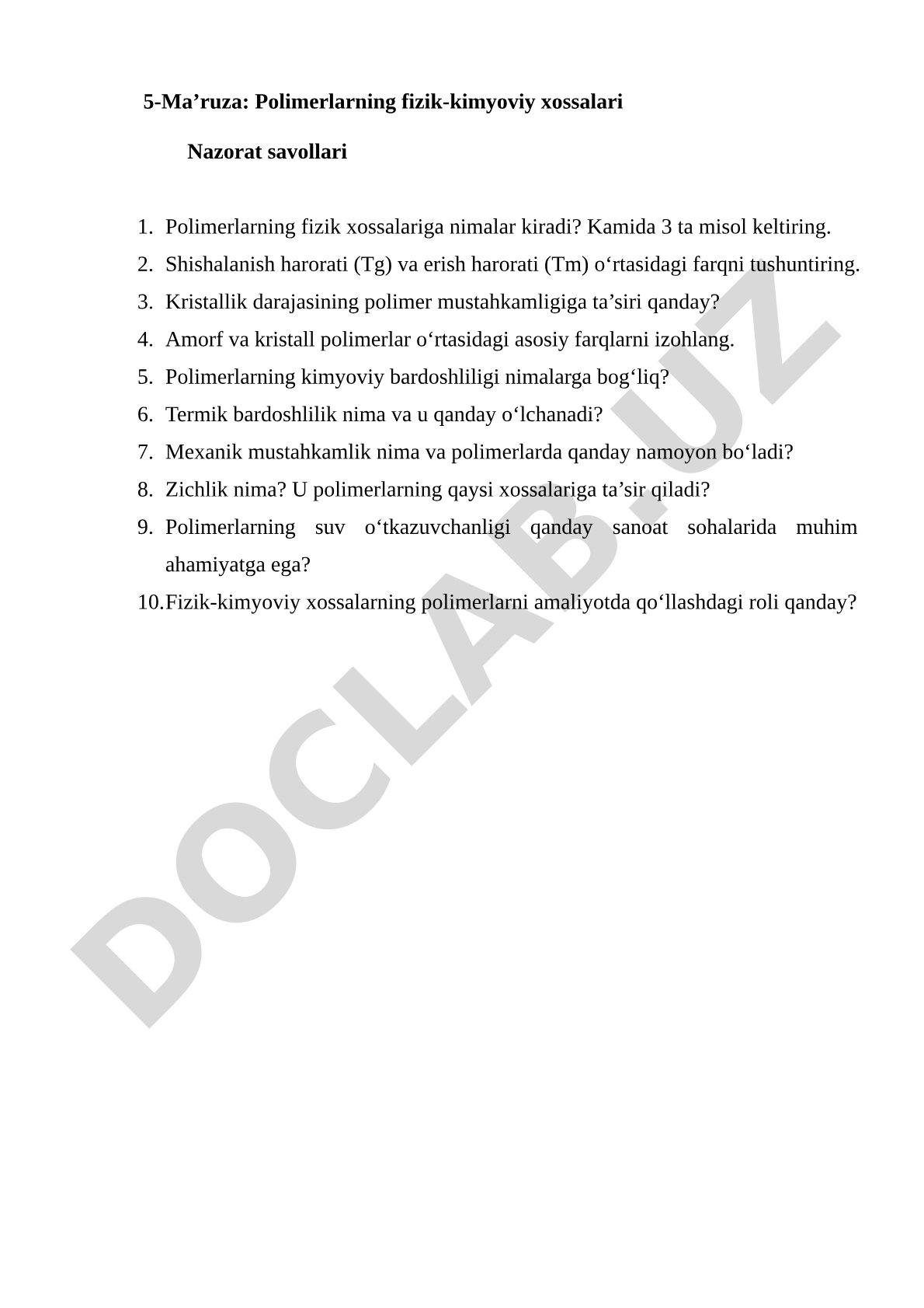 Polimerlarning fizik-kimyoviy xossalari