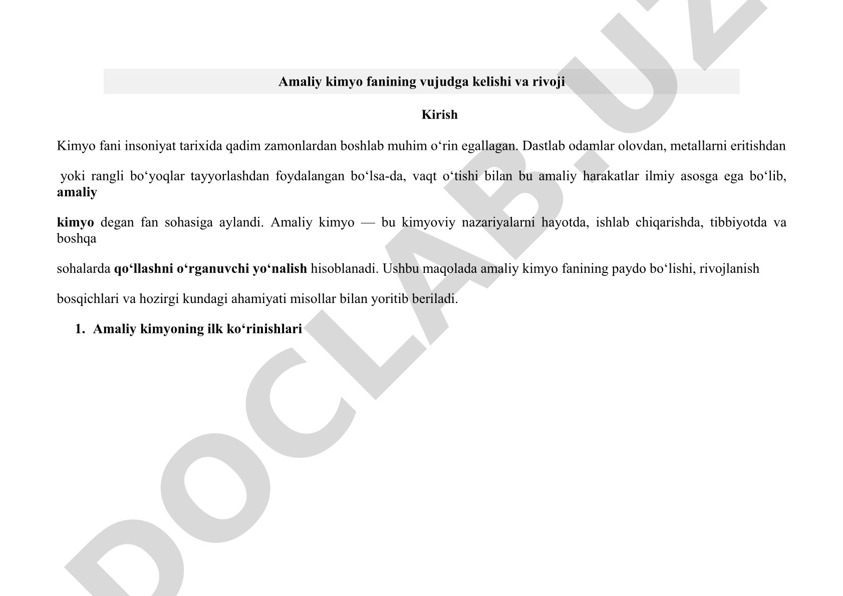 Amaliy kimyo fanining vujudga kelishi va rivoji