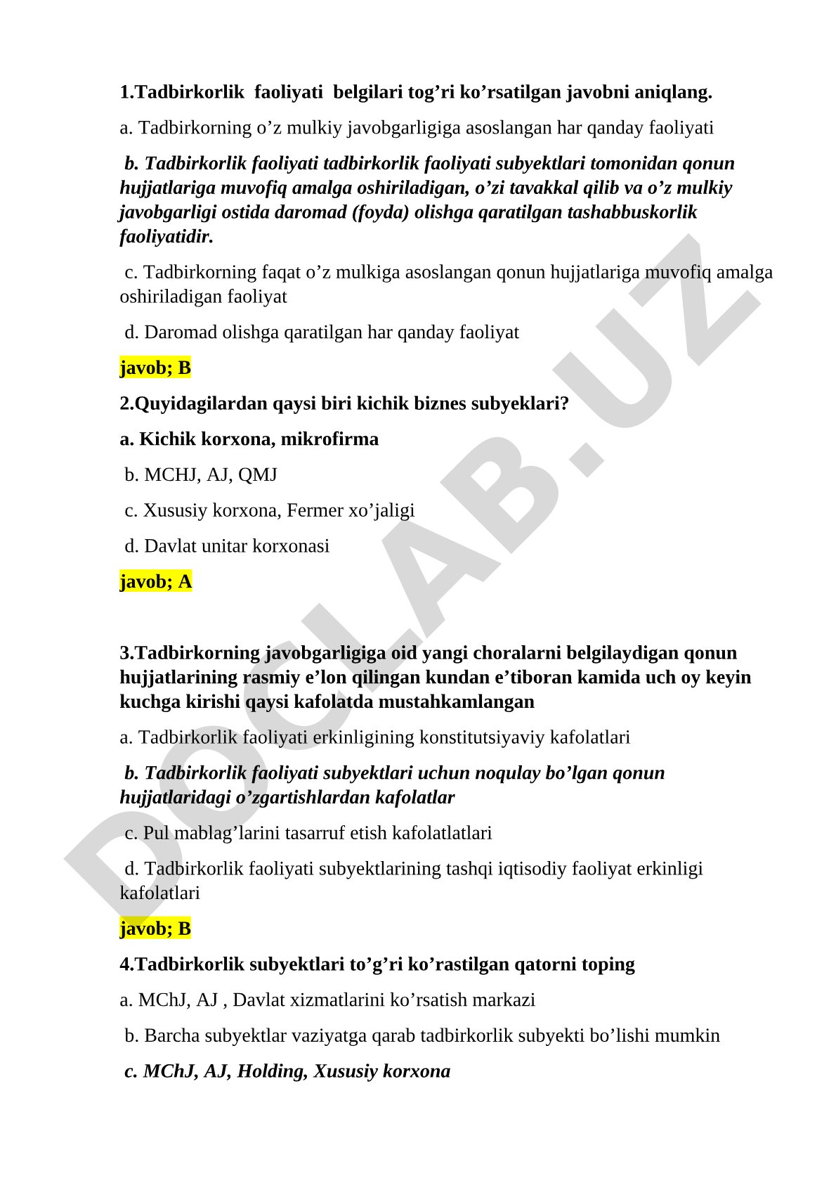 Tadbirkorlik faoliyati belgilari va kichik biznes subyektlari