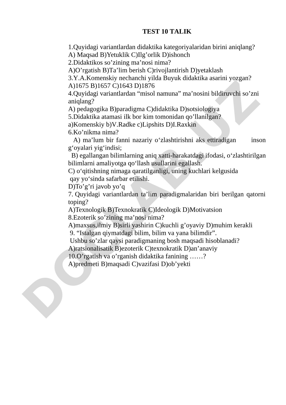 Didaktika kategoriyalari va tushunchalari testi
