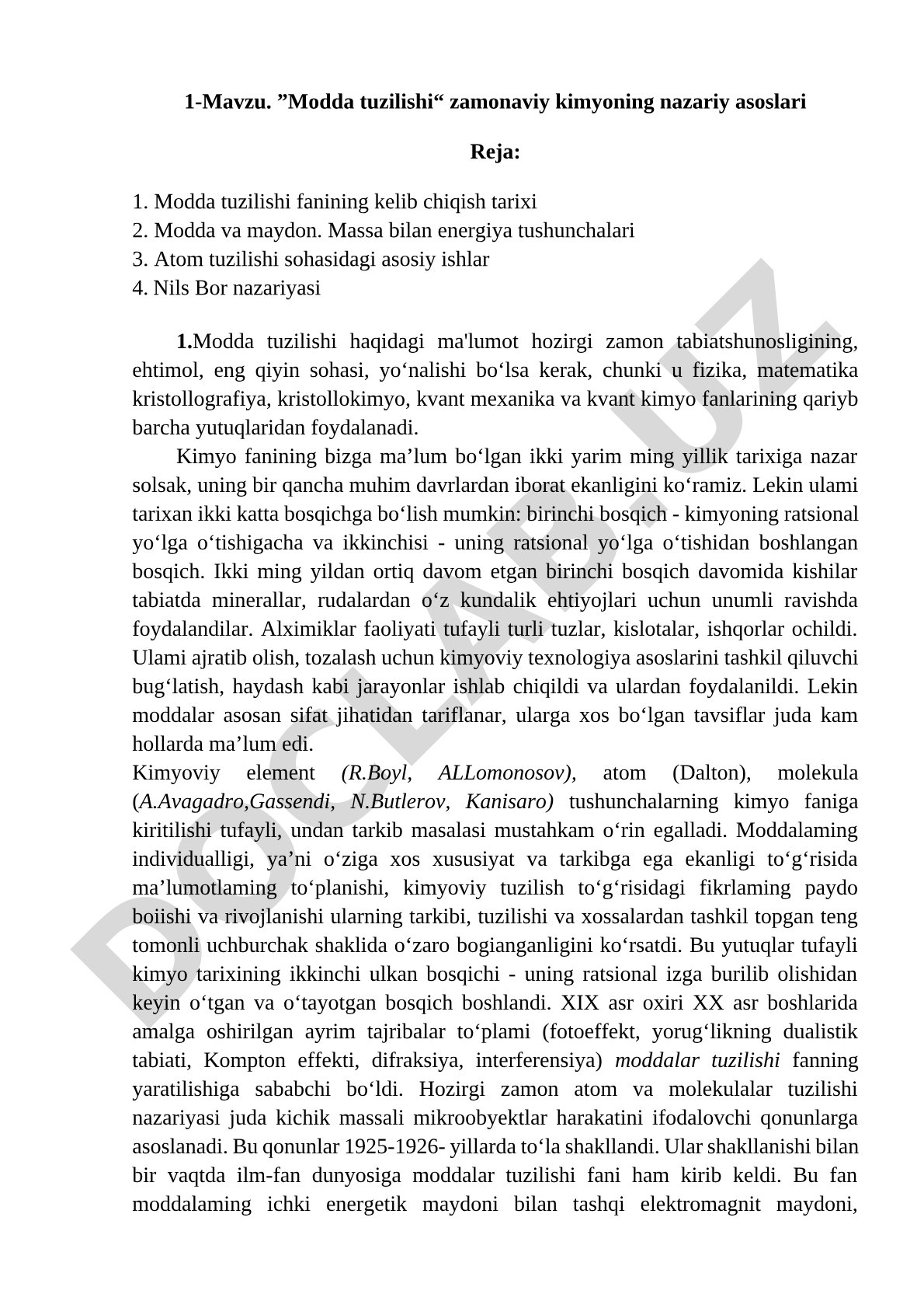 Modda tuzilishi zamonaviy kimyoning nazariy asoslari