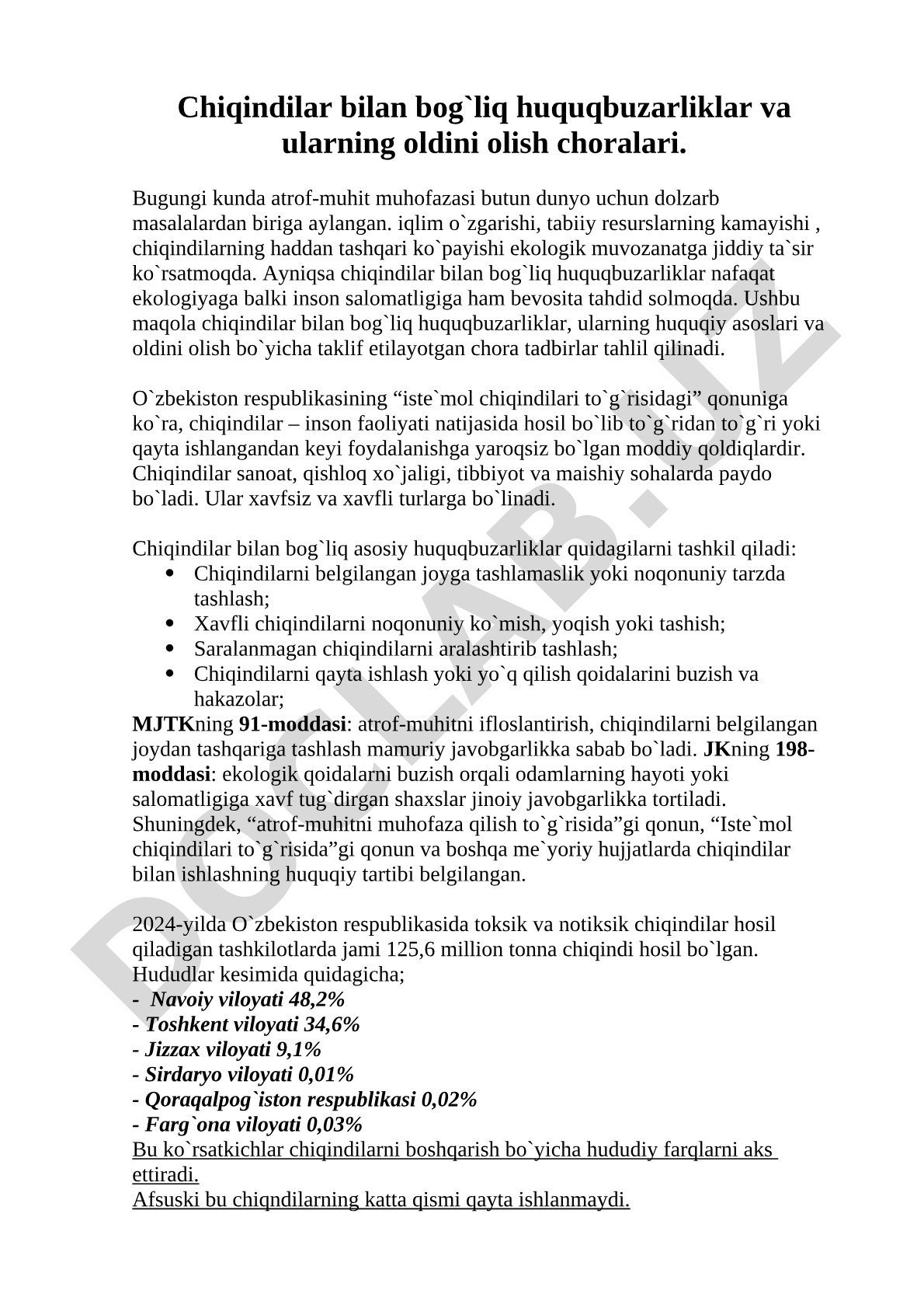 Chiqindilar bilan bog'liq huquqbuzarliklar va ularning oldini olish choralari