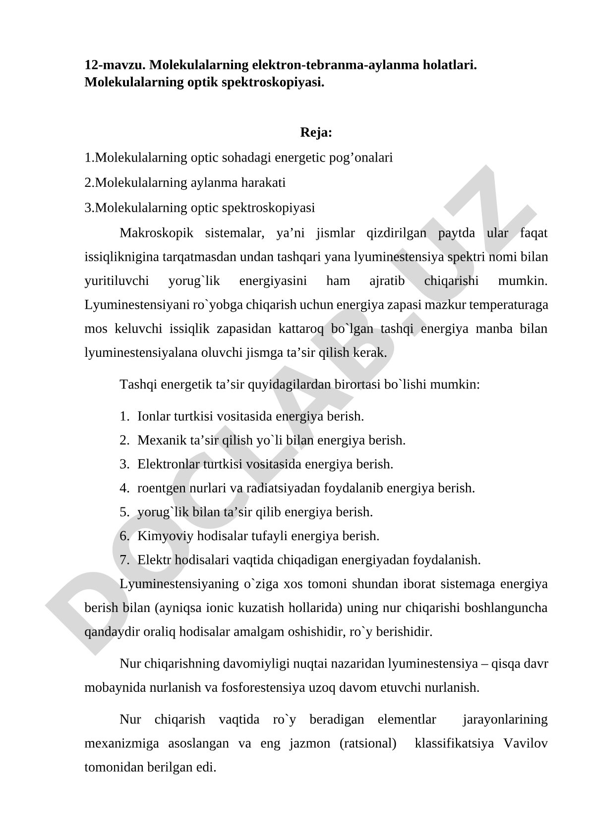 Molekulalarning elektron-tebranma-aylanma holatlari va optik spektroskopiyasi