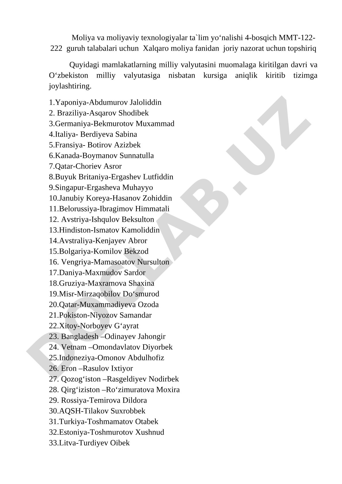 Xalqaro moliya fanidan joriy nazorat topshirig'i